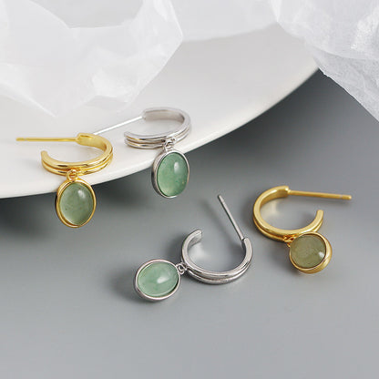 S925 Silver Stud Earrings C- Shaped High-grade Green Aventurine Retro Silver-Jewearrings