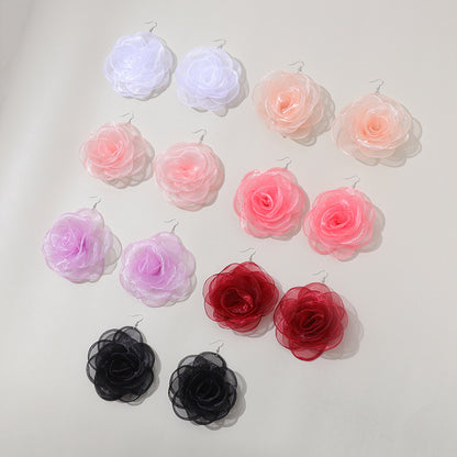 Chiffon Retro Three-dimensional Advanced Rose Camellia Stud Earrings-Jewearrings