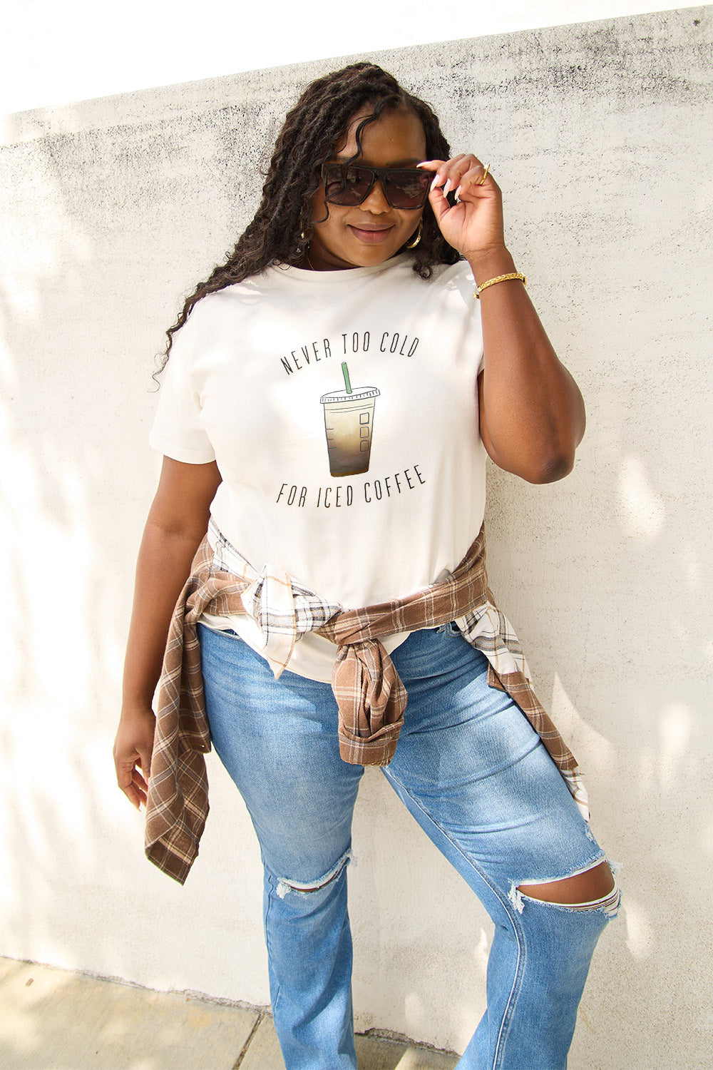 Simply Love Full Size NEVER TOO COLD FOR ICED COFFEE Short Sleeve T-Shirt-Jewearrings