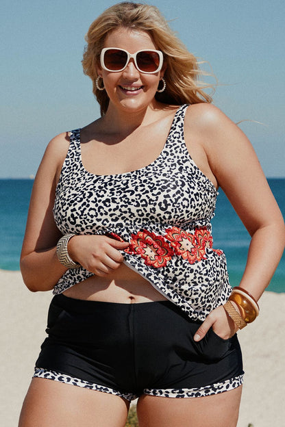 Plus Size Mixed Print Tankini Set with Pockets-Jewearrings