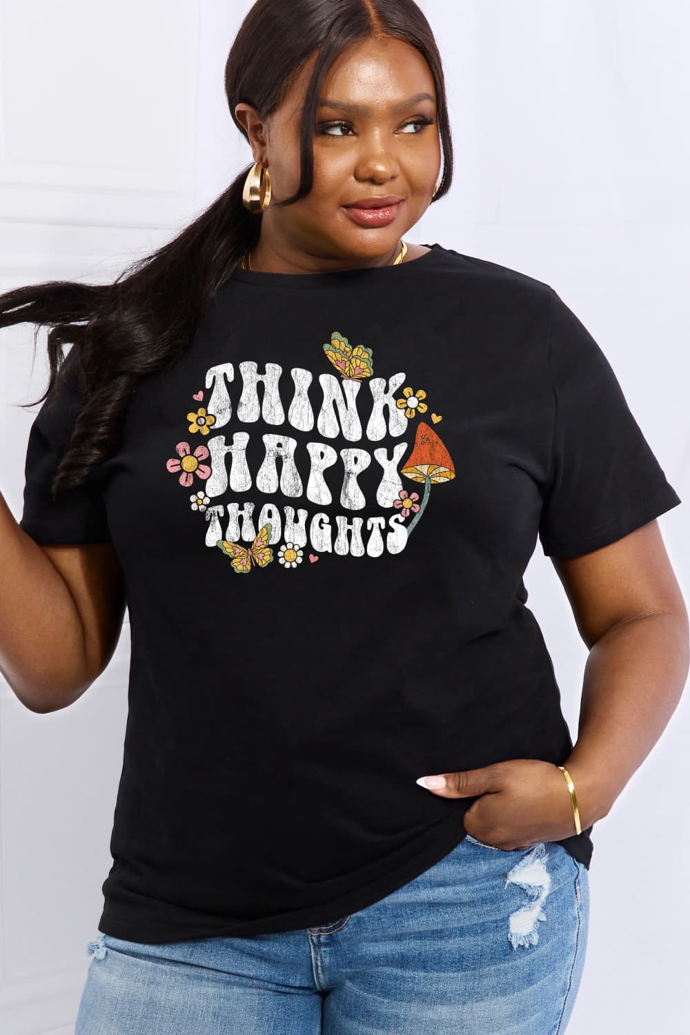 Simply Love Full Size THINK HAPPY THOUGHTS Graphic Cotton Tee-Jewearrings