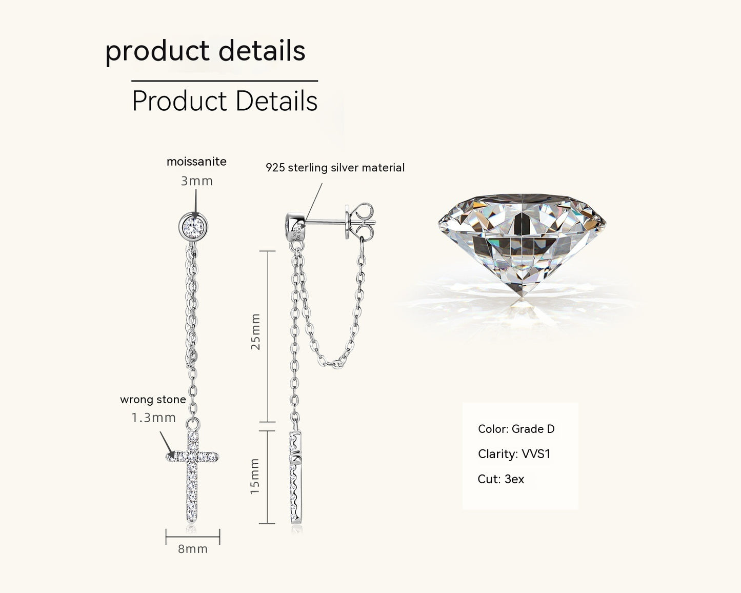 Su Cross Moissanite Ear Stud Female Refined Long Earrings-Jewearrings