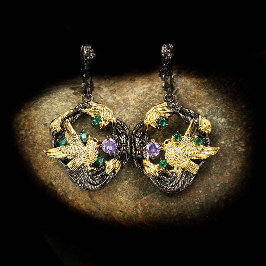 Magpie Black Gold Stud Earrings With Colored Stones And Diamonds-Jewearrings