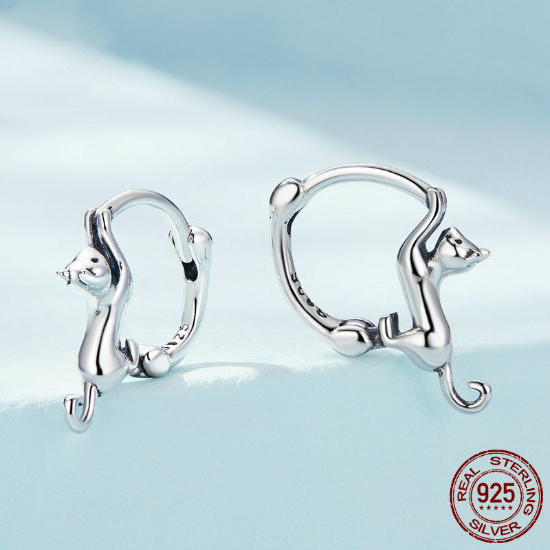 Sterling Silver S925 Cat Simple Cute Earrings-Jewearrings