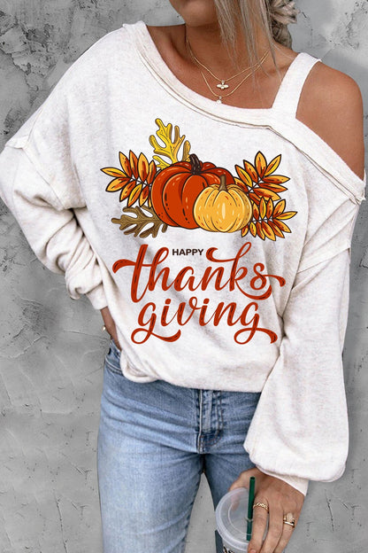 THANKSGIVING Asymmetrical Neck Long Sleeve Top-Jewearrings