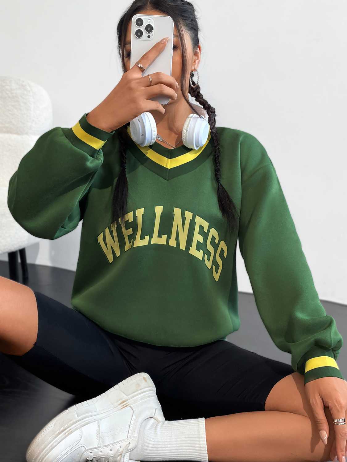 WELLNESS Graphic V-Neck Sweatshirt-Jewearrings