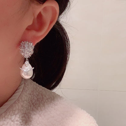 Super Sparkling Balloon S925 Silver Needle One Piece Dress Wave Elegant Drop Pearl Earrings-Jewearrings