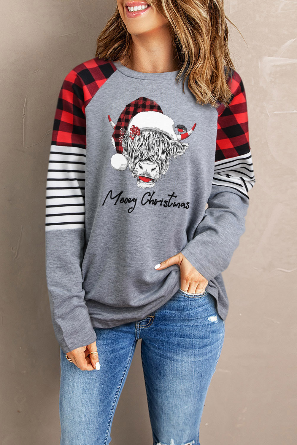 Graphic Plaid Long Sleeve T-Shirt-Jewearrings