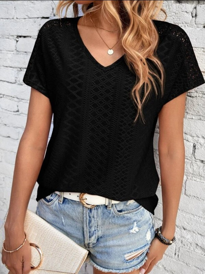 Eyelet V-Neck Short Sleeve T-Shirt-Jewearrings