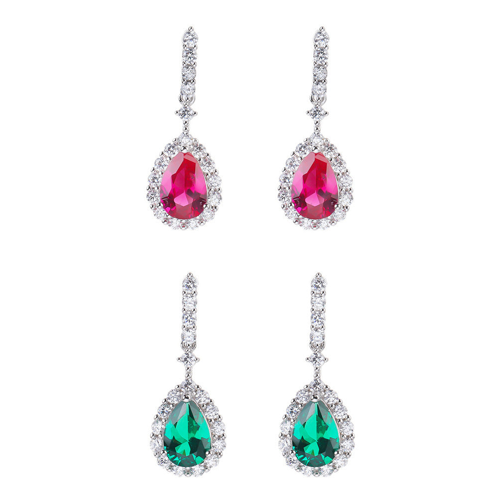 Female Sterling Silver Inlaid Red Corundum Zircon Water Drop Earrings-Jewearrings