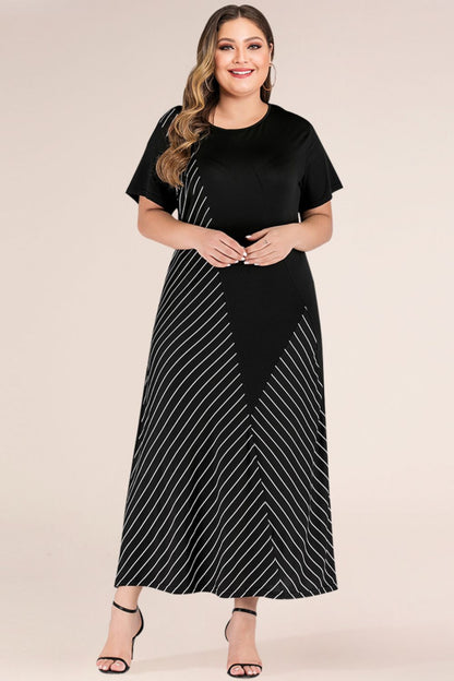 Plus Size Striped Color Block Tee Dress-Jewearrings