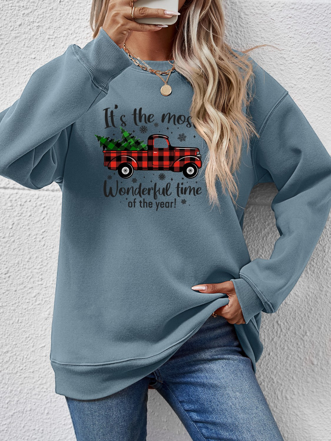 Graphic Round Neck Long Sleeve Sweatshirt-Jewearrings