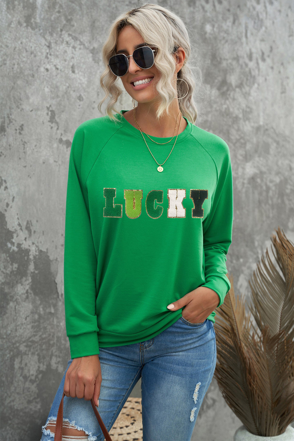 LUCKY Round Neck Raglan Sleeve Sweatshirt-Jewearrings