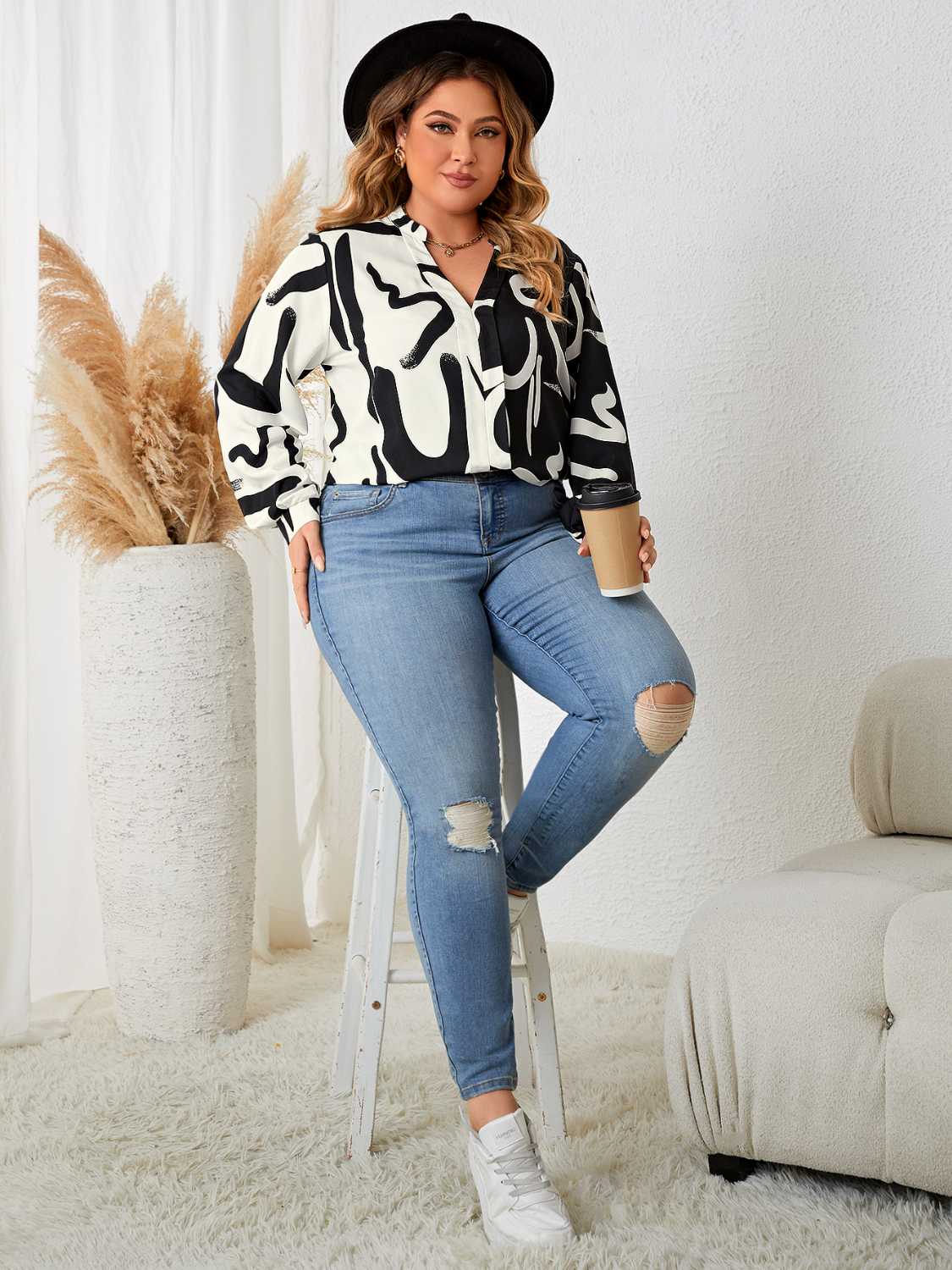 Plus Size V Neck Contrast Color Printed Shirt-Jewearrings