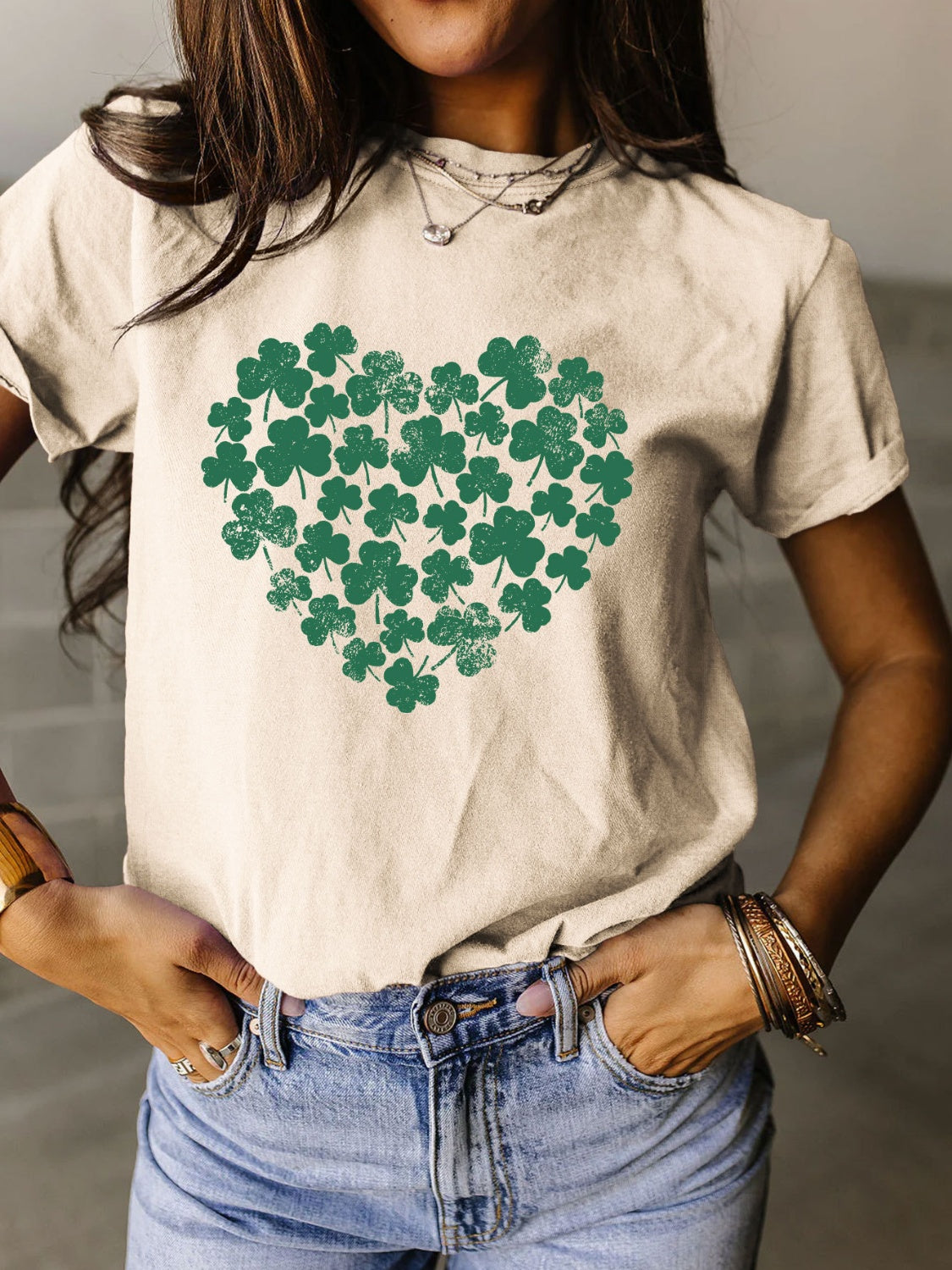 Full Size Lucky Clover Round Neck Short Sleeve T-Shirt-Jewearrings