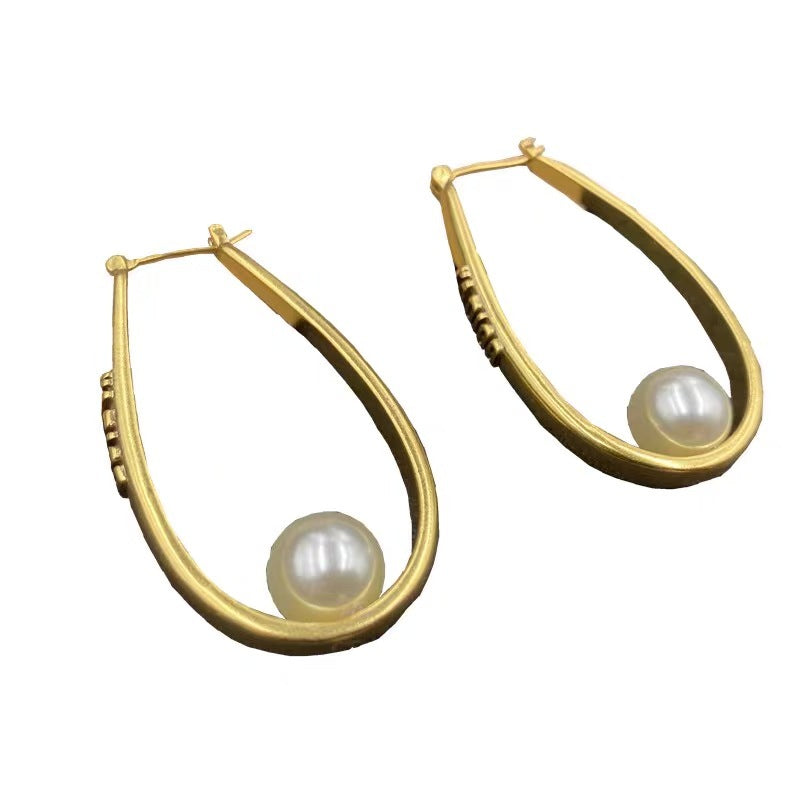 Oval Pearl Ear Hoop Earrings Jewelry-Jewearrings