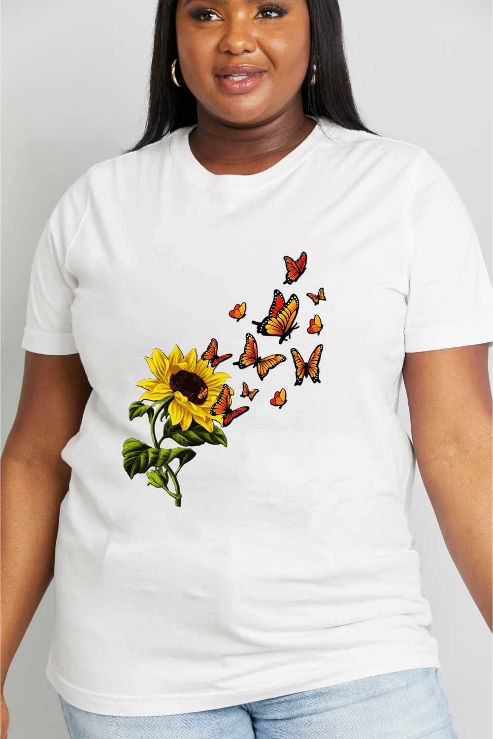 Simply Love Full Size Sunflower Butterfly Graphic Cotton Tee-Jewearrings