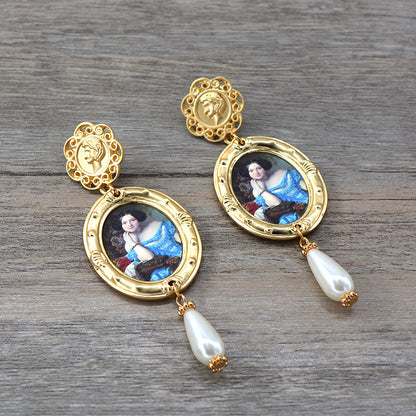 Vintage oil painting pearl earrings-Jewearrings