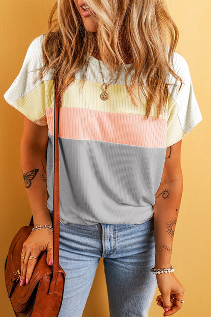 Color Block Round Neck Short Sleeve T-Shirt-Jewearrings