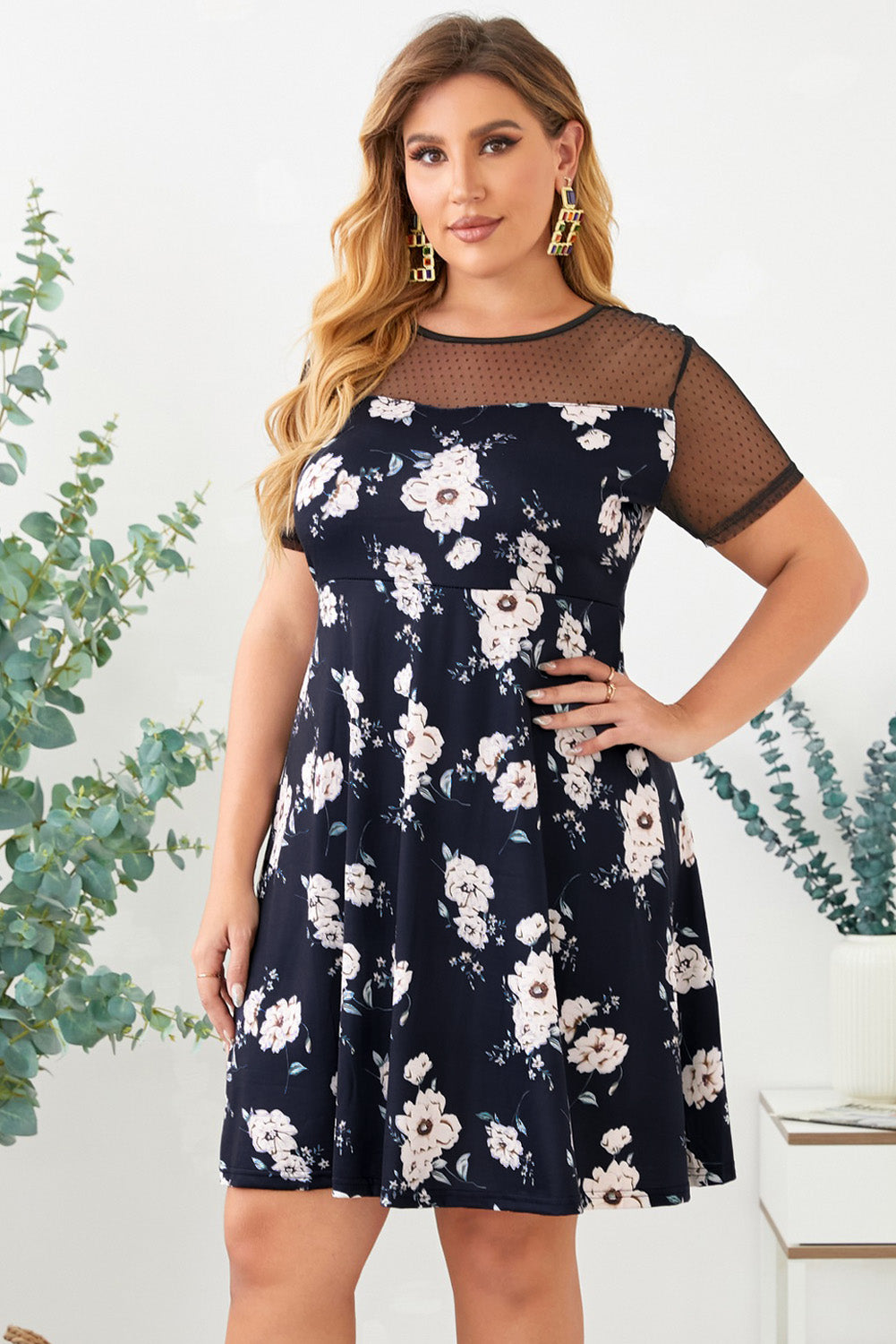 Plus Size Floral Polka Dot Mesh Yoke Dress-Jewearrings