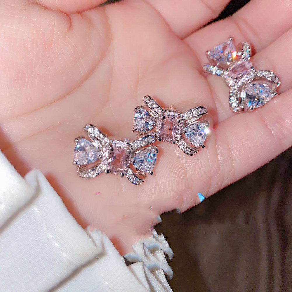 Gentle peach blossom drop zircon bow earrings-Jewearrings