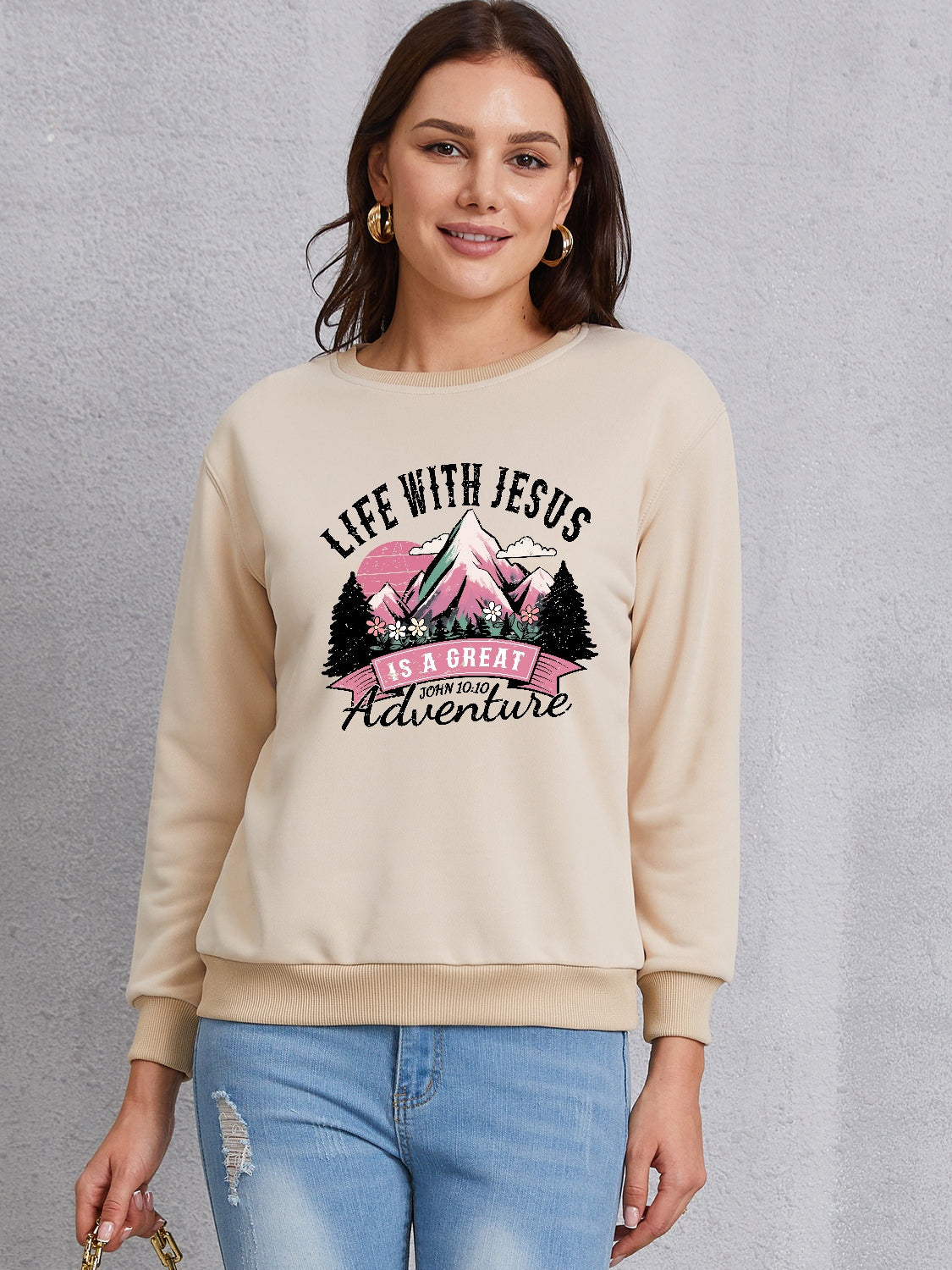 LIFE WITH JESUS IS A GREAT ADVENTURE Round Neck Sweatshirt-Jewearrings