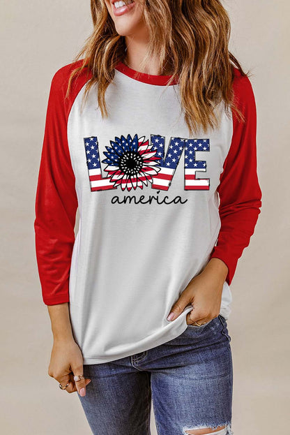 Raglan Sleeve Round Neck LOVE AMERICA Graphic Tee-Jewearrings