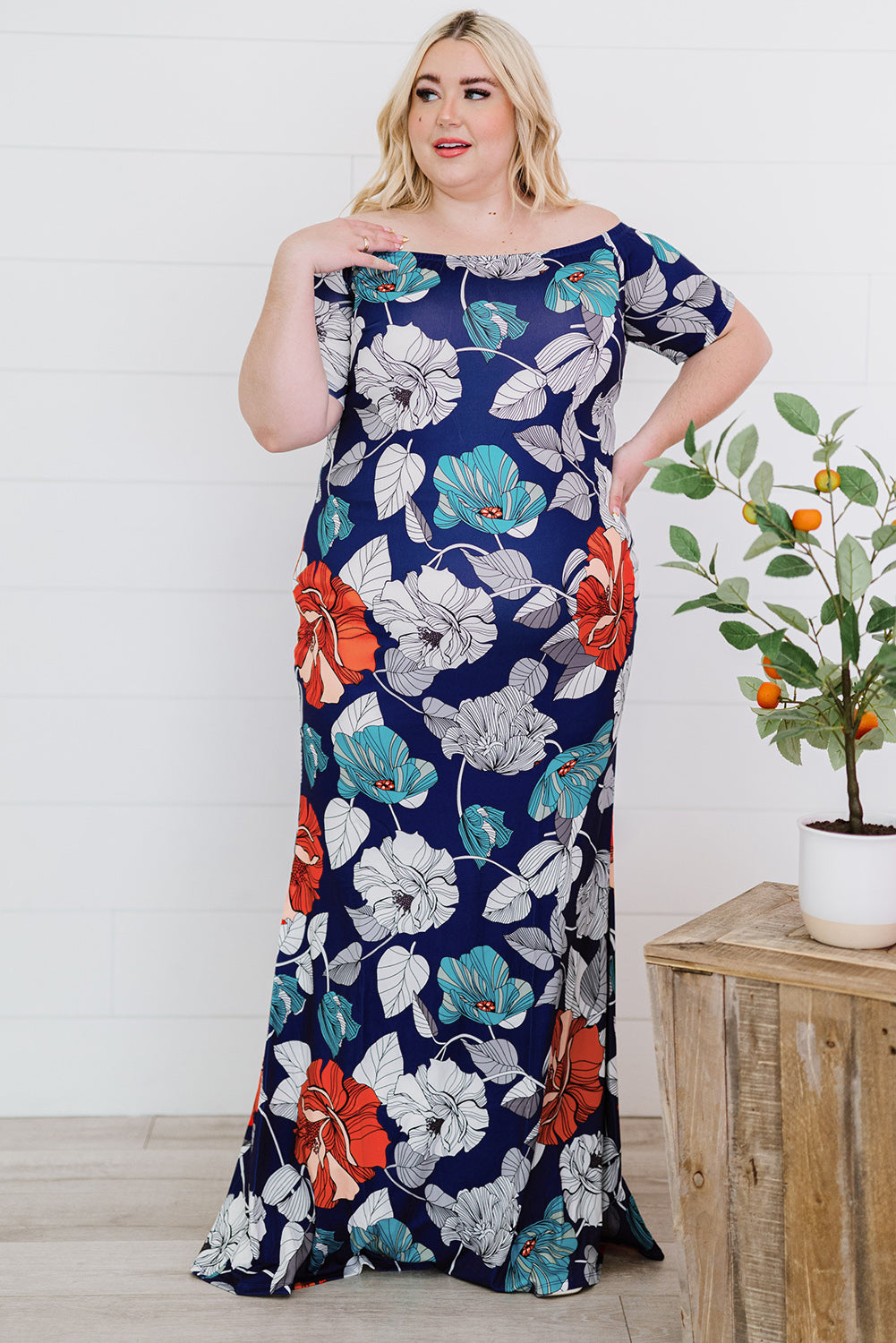 Plus Size Floral Off-Shoulder Short Sleeve Fishtail Dress-Jewearrings