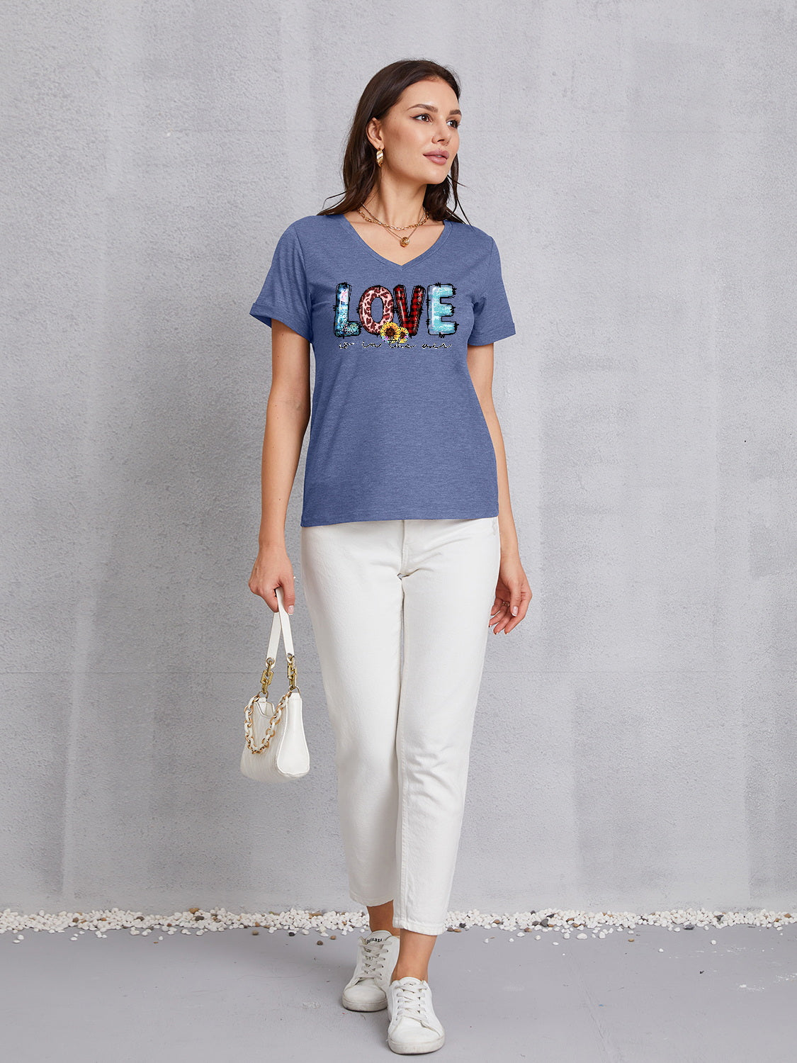 Letter Graphic V-Neck Short Sleeve T-Shirt-Jewearrings