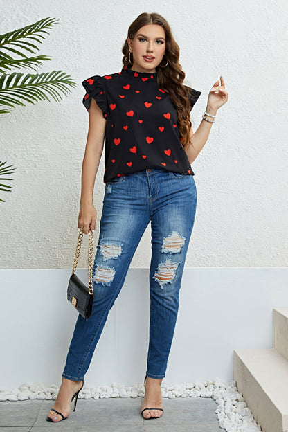 Plus Size Heart Print Butterfly Sleeve Mock Neck Top-Jewearrings