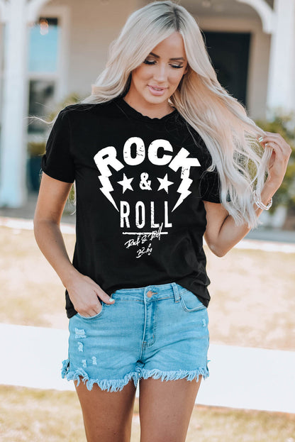 ROCK & ROLL Graphic Round Neck Short Sleeve Tee-Jewearrings