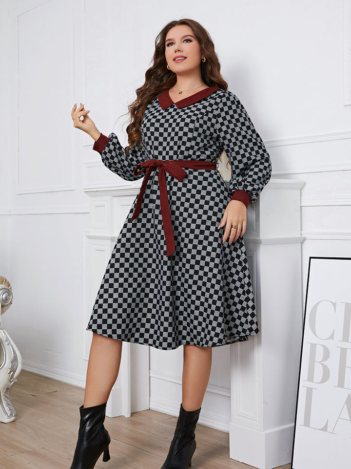 Plus Size Plaid V-Neck Long Sleeve Dress-Jewearrings