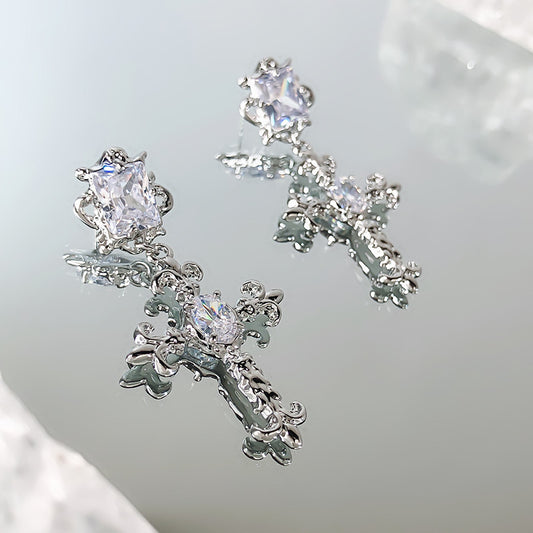 Frosty Silver Needle Zircon Cross Earrings-Jewearrings