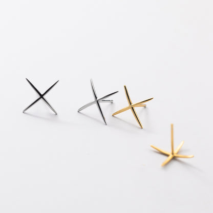 Women's Temperament Silver Glossy Line X-shaped Cross Stud Earrings-Jewearrings