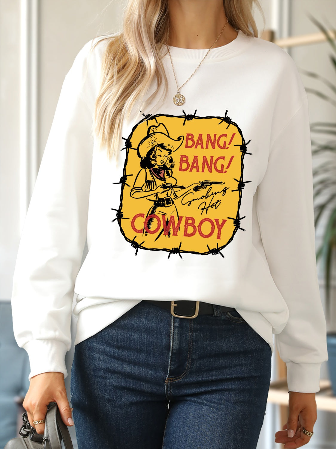 Cowboy Graphic Round Neck Sweatshirt-Jewearrings