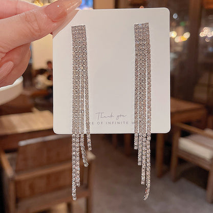 925 Silver Needle Long Fringed Zircon Earrings-Jewearrings