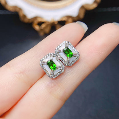 Natural Diopside Stud Earrings S925 Silver Inlaid Main Stone-Jewearrings