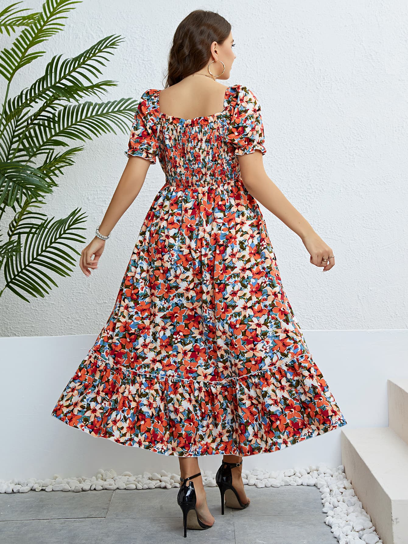 Plus Size Floral Smocked Square Neck Dress-Jewearrings