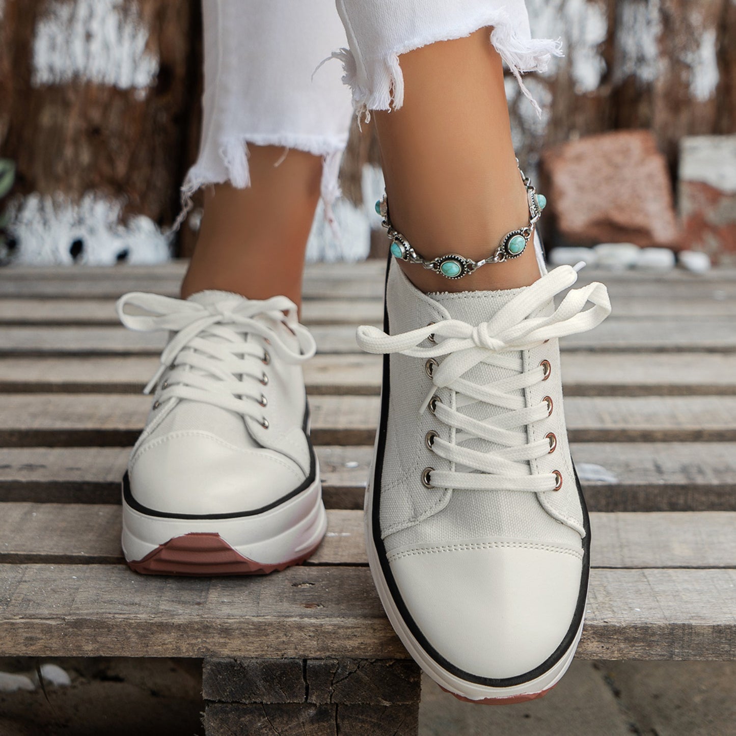 Contrast Trim Round Toe Platform Canvas Sneakers-Jewearrings