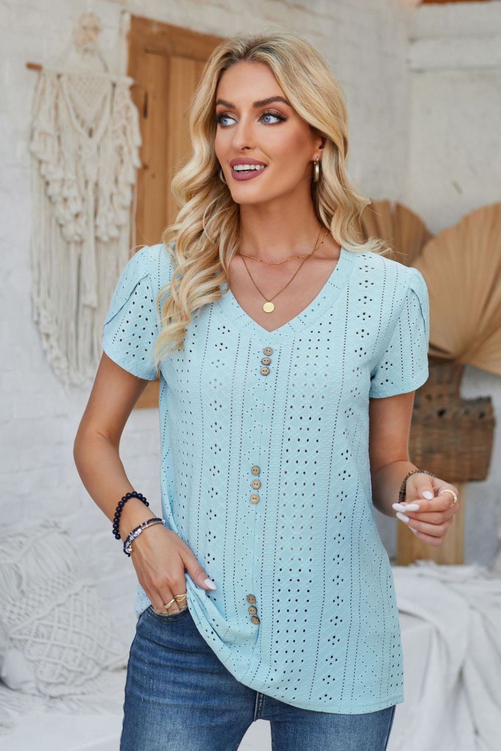 Decorative Button Eyelet V-Neck Short Sleeve T-Shirt-Jewearrings