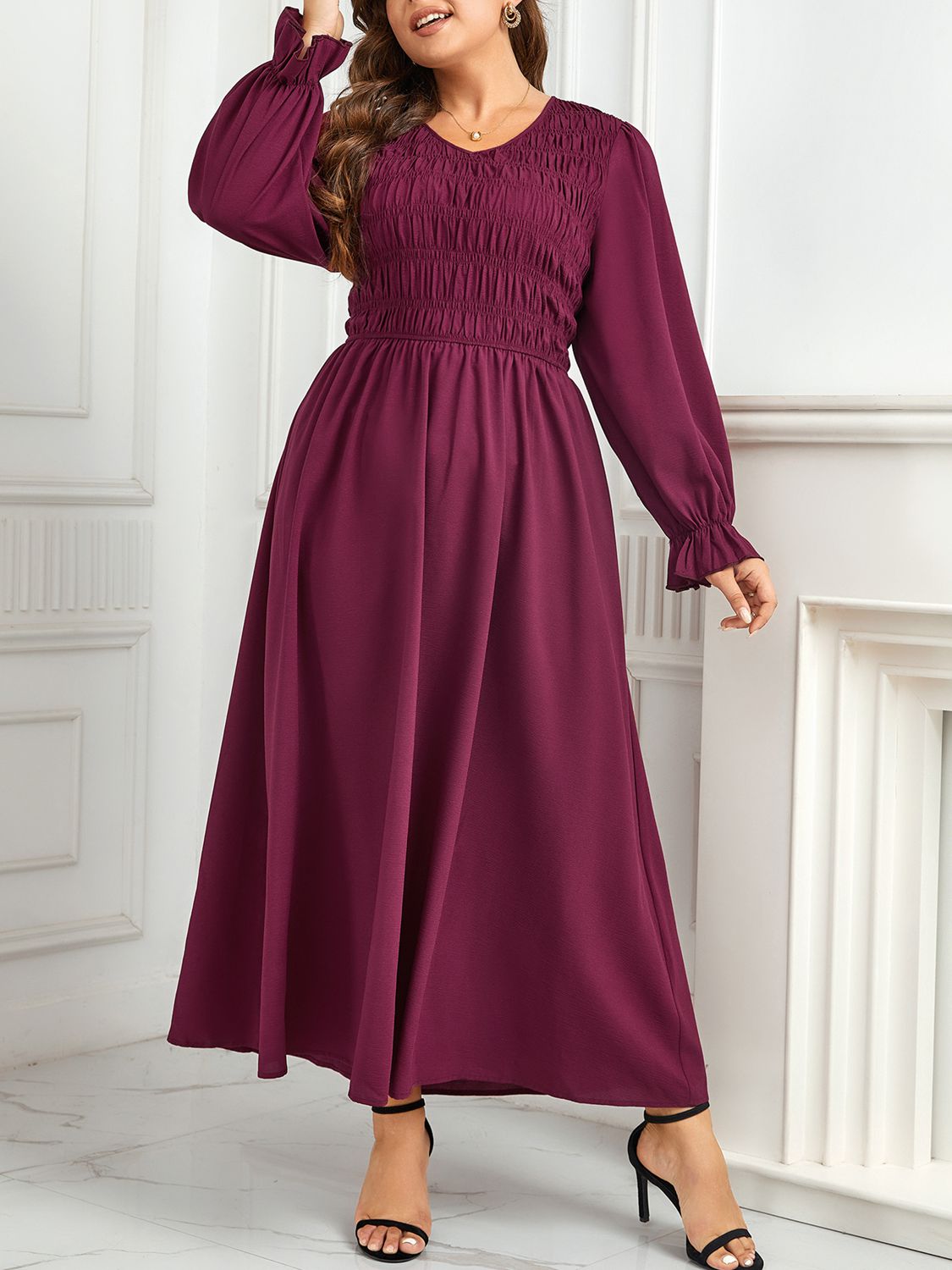 Plus Size Flounce Sleeve Smocked Maxi Dress-Jewearrings