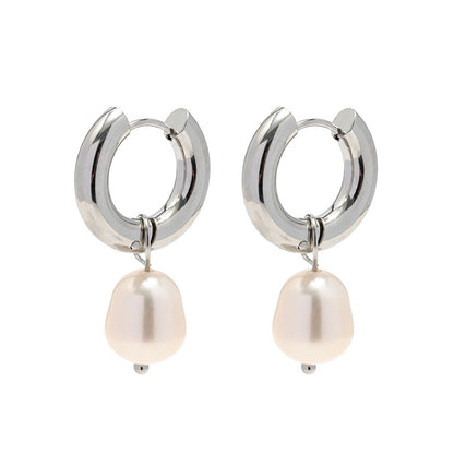 Stainless Steel Earrings Natural Freshwater Pearl Pendant Women's Ear Accessories-Jewearrings