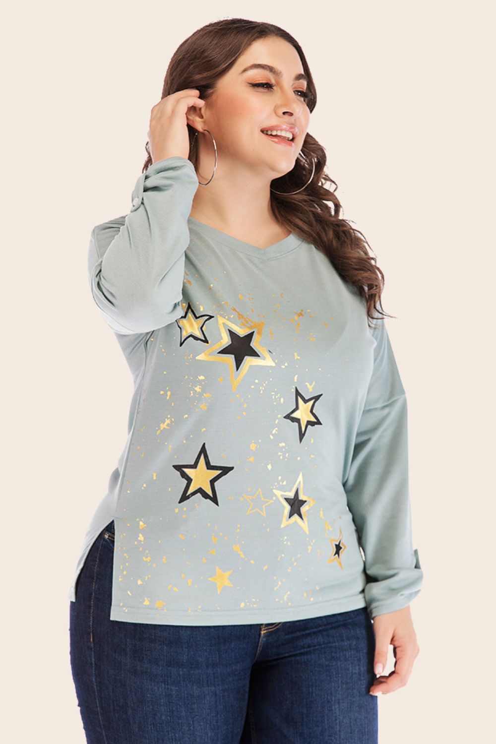 Full Size Star Graphic Slit Dropped Shoulder Top-Jewearrings