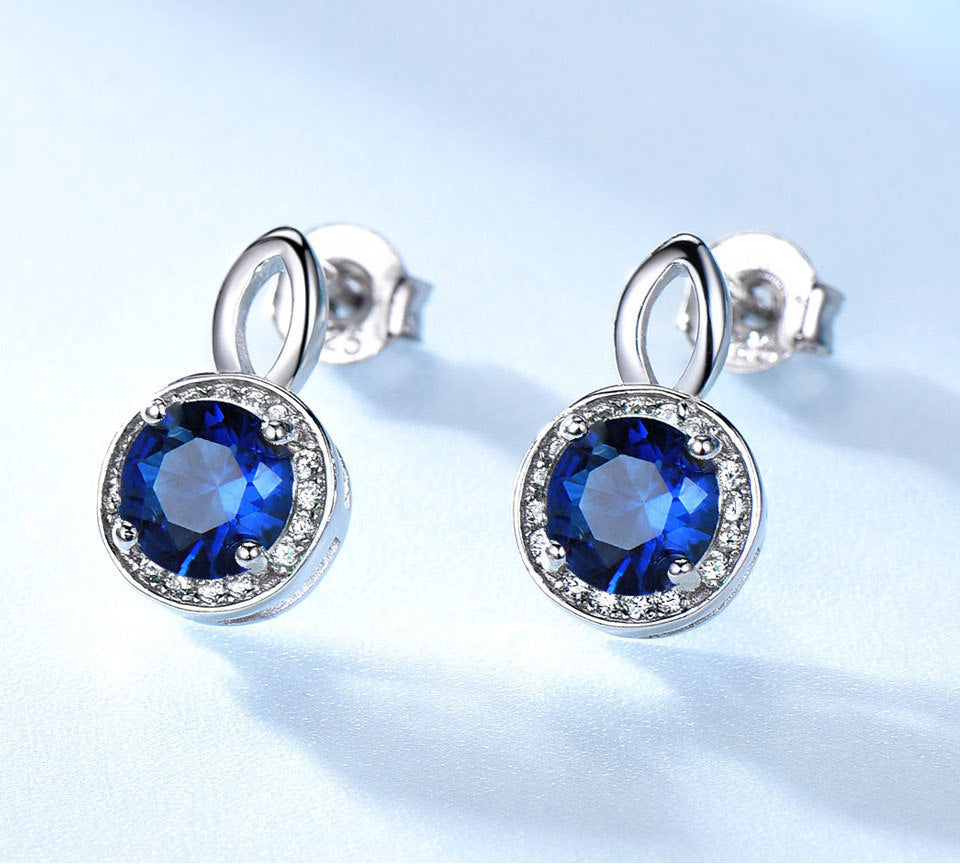 S925 Silver Earrings Nano Sapphire Earrings Advanced Round Micro Rhinestone Ear Clip-Jewearrings