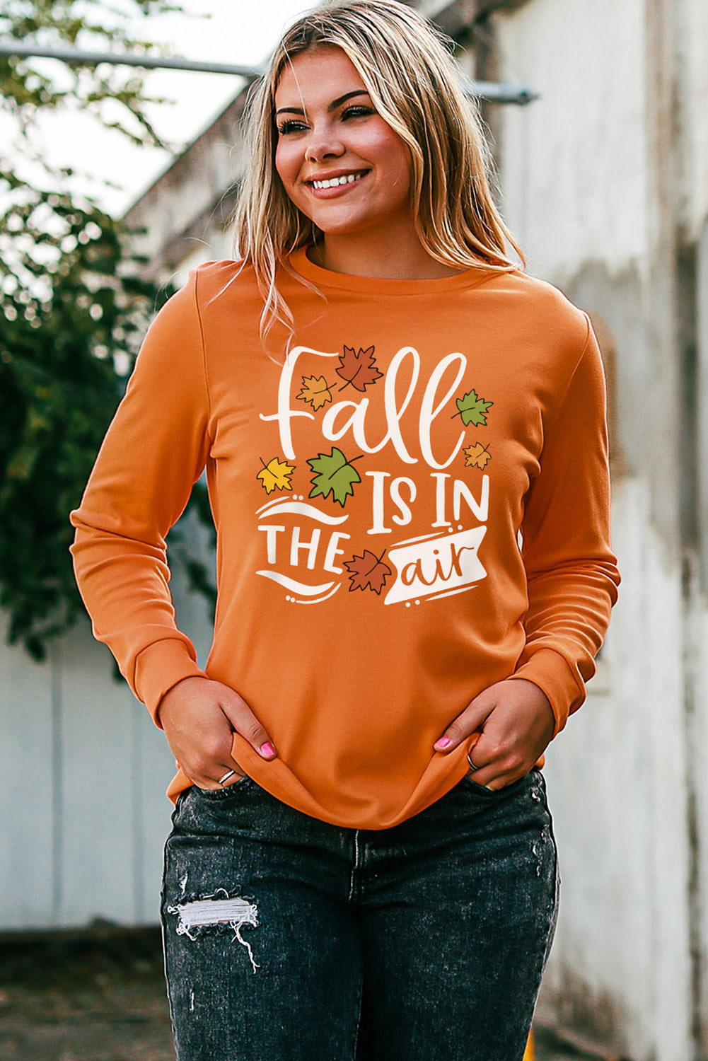 Round Neck Long Sleeve FALL IS IN THE AIR Graphic Sweatshirt-Jewearrings