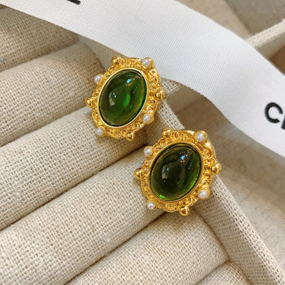 Vintage Ornament Gold Plated Grandmother Gemstone Green Glaze Earrings-Jewearrings