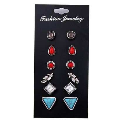 Personality fashion vintage natural stone stud earrings Geometric turquoise stone rhinestone leaves 6 pairs of earrings-Jewearrings