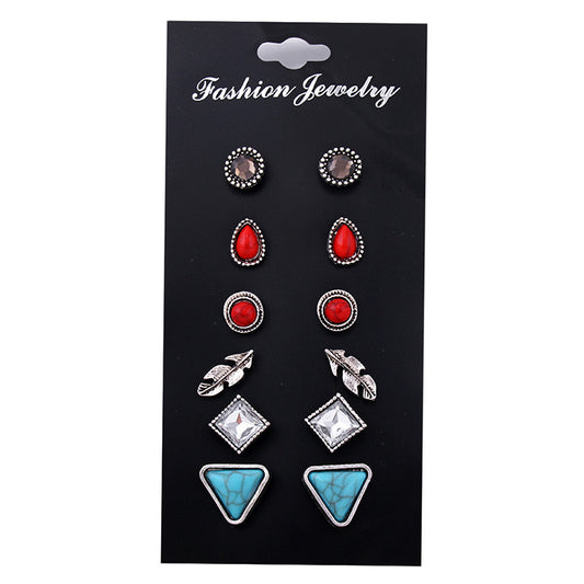 Personality fashion vintage natural stone stud earrings Geometric turquoise stone rhinestone leaves 6 pairs of earrings-Jewearrings