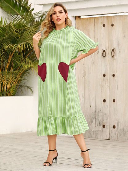 Plus Size Frill Heart Striped Half Sleeve Dress-Jewearrings