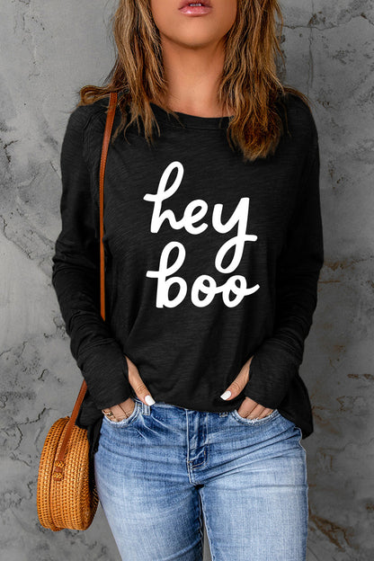 HEY BOO Graphic Round Neck T-Shirt-Jewearrings